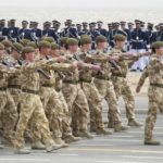 British Military soldiers march during a military parade in Subiya, Kuwait